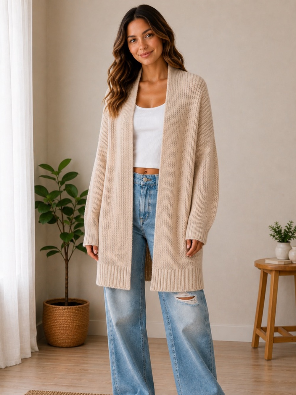 American eagle Aerie Beige Open-Front Cardigan knit sweater size large